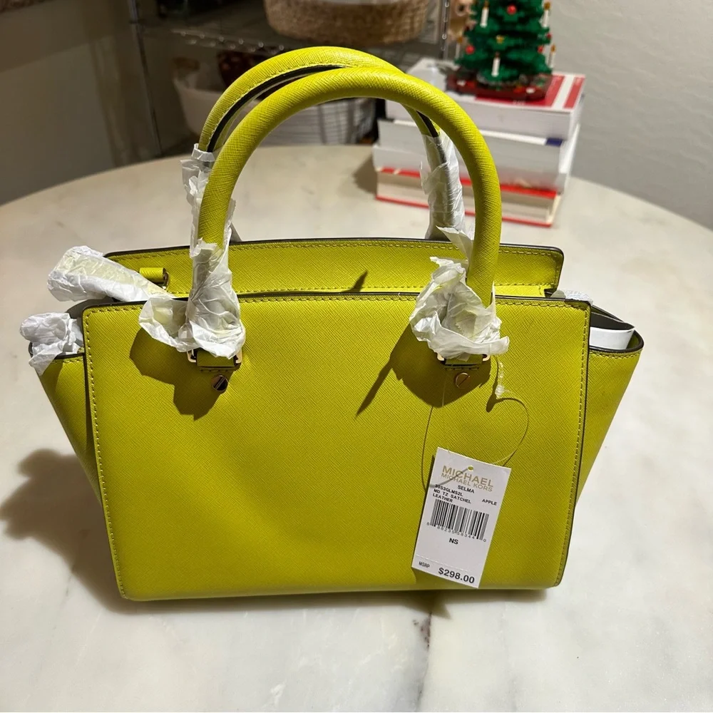 MICHAEL Michael Kors Yellow-Green Saffiano Leather Satchel - Picture 13 of 15